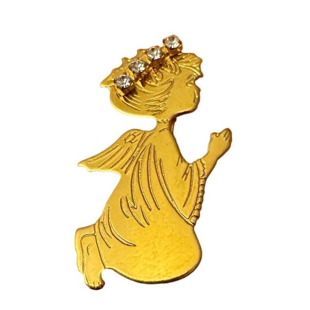 Vintage Gold Tone Angel Brooch with Rhinestone Crown Religious Jewelry Pin Gift